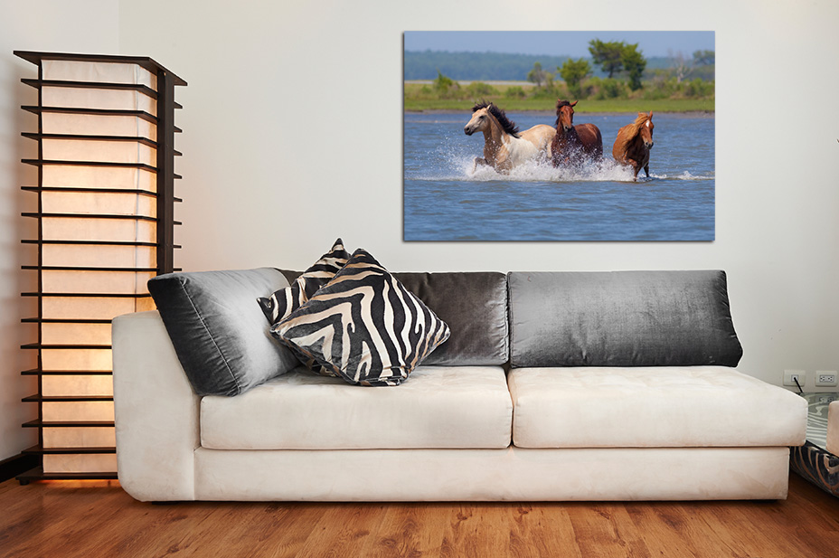 Home decor wild horses. Experience the untamed spirit in interior design with prints featuring three majestic horses running through the water.